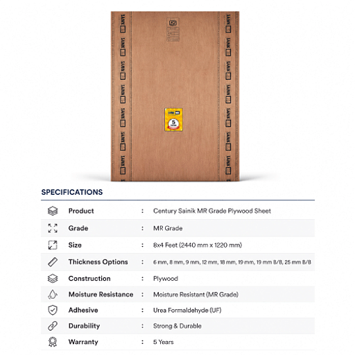 Century Sainik MR Grade Plywood & Block Board Sheet (8'x4')